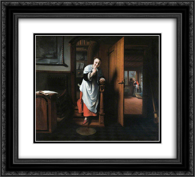 The Eavesdropper 22x20 Black Ornate Wood Framed Art Print Poster with Double Matting by Maes, Nicolaes
