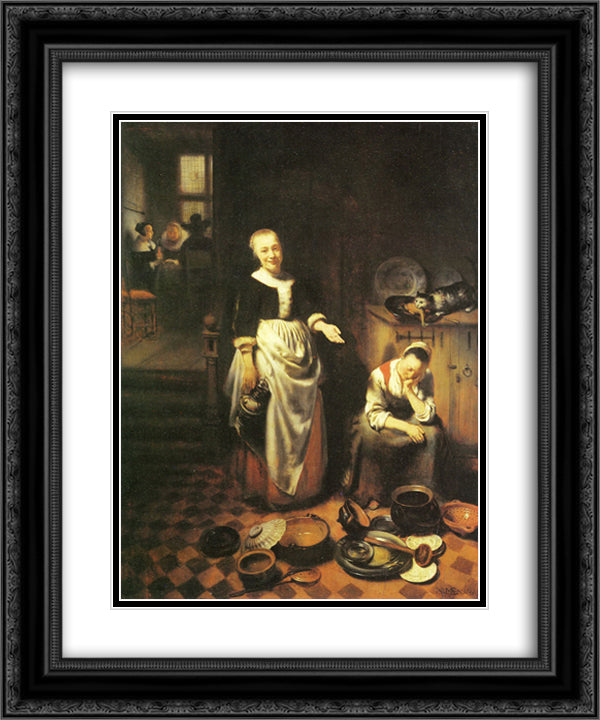 The idle servant 20x24 Black Ornate Wood Framed Art Print Poster with Double Matting by Maes, Nicolaes