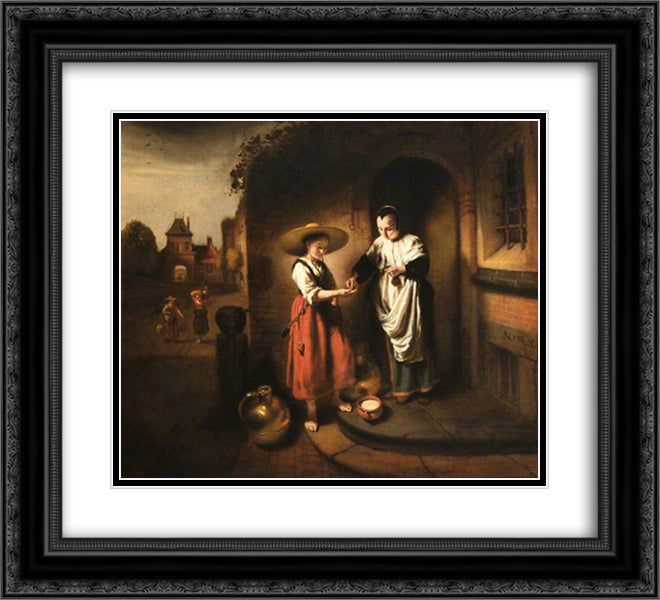 The Milkmaid 22x20 Black Ornate Wood Framed Art Print Poster with Double Matting by Maes, Nicolaes
