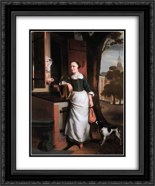 Two Chattering Housewives 20x24 Black Ornate Wood Framed Art Print Poster with Double Matting by Maes, Nicolaes