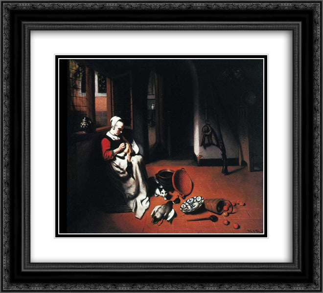 Woman Plucking a Duck 22x20 Black Ornate Wood Framed Art Print Poster with Double Matting by Maes, Nicolaes