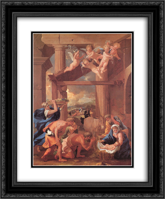 Adoration of the Shepherds 20x24 Black Ornate Wood Framed Art Print Poster with Double Matting by Poussin, Nicolas