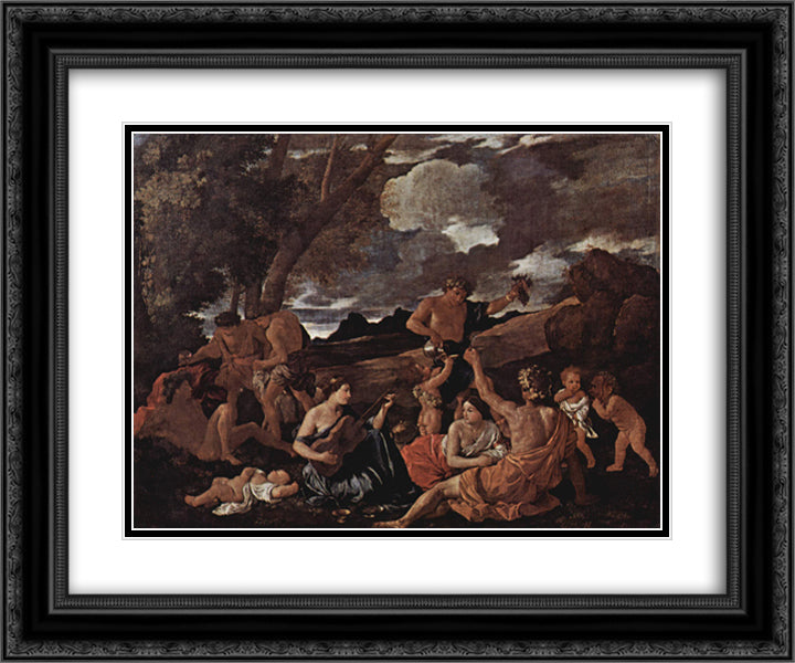 Andrians or The Great Bacchanal with Woman Playing a Lute 24x20 Black Ornate Wood Framed Art Print Poster with Double Matting by Poussin, Nicolas