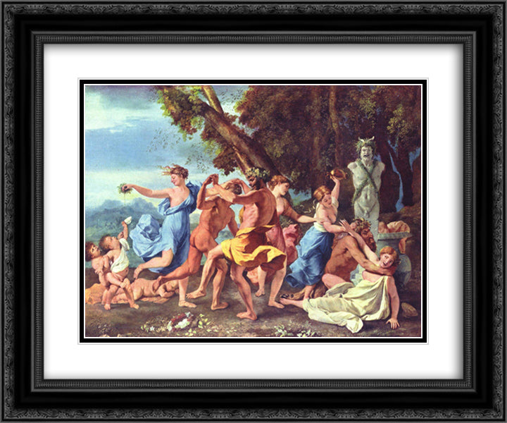 Bacchanal before a Statue of Pan 24x20 Black Ornate Wood Framed Art Print Poster with Double Matting by Poussin, Nicolas