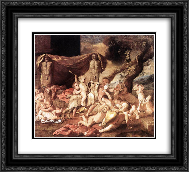 Bacchanal of Putti 22x20 Black Ornate Wood Framed Art Print Poster with Double Matting by Poussin, Nicolas