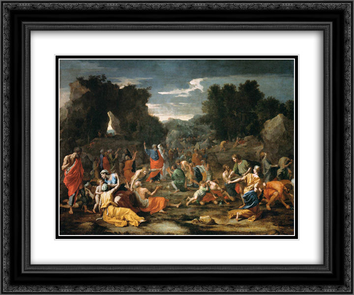 Gathering of Manna 24x20 Black Ornate Wood Framed Art Print Poster with Double Matting by Poussin, Nicolas