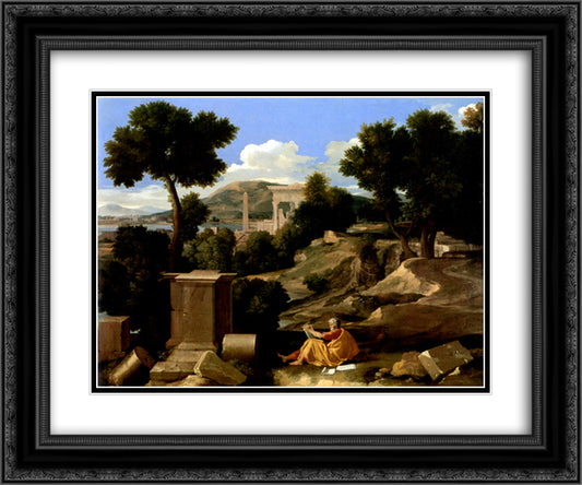 Landscape with St. James in Patmos 24x20 Black Ornate Wood Framed Art Print Poster with Double Matting by Poussin, Nicolas