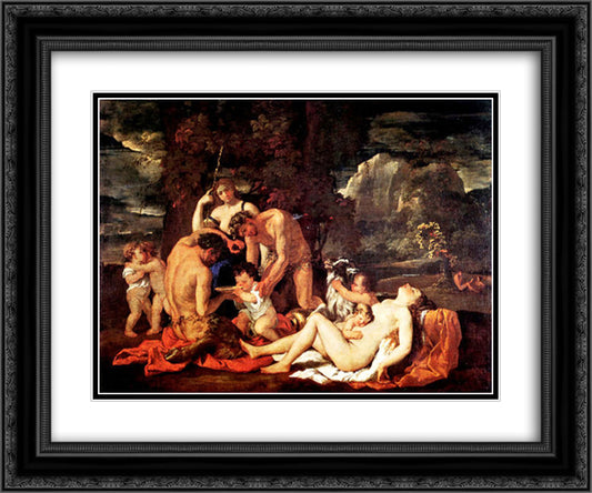 Nurture of Bacchus 24x20 Black Ornate Wood Framed Art Print Poster with Double Matting by Poussin, Nicolas