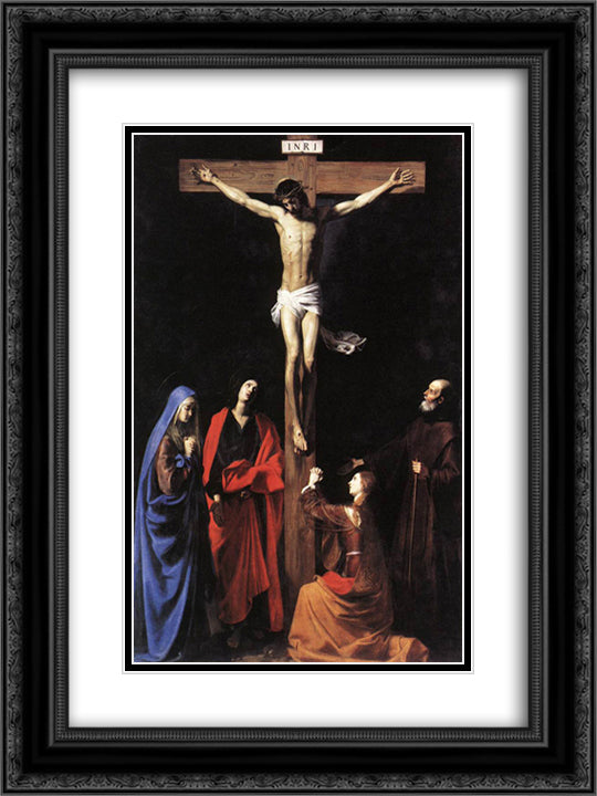 Christ on the Cross with the Virgin, Mary Magdalene, St. John and St. Francis of Paola 18x24 Black Ornate Wood Framed Art Print Poster with Double Matting by Tournier, Nicolas