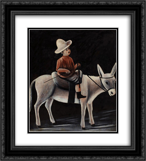 A boy on a donkey 20x22 Black Ornate Wood Framed Art Print Poster with Double Matting by Pirosmani, Niko