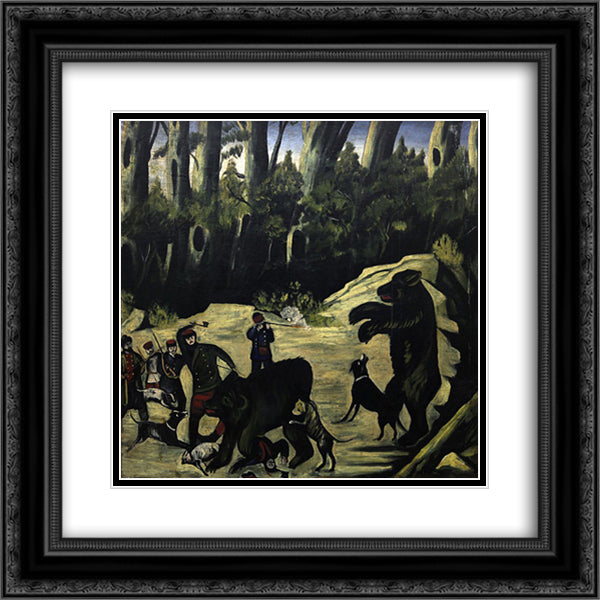 Bear hunting 20x20 Black Ornate Wood Framed Art Print Poster with Double Matting by Pirosmani, Niko