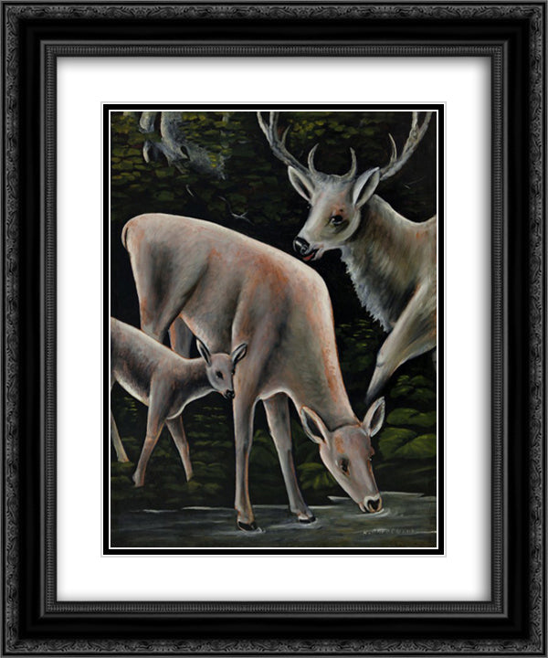 Deer family at waterhole 20x24 Black Ornate Wood Framed Art Print Poster with Double Matting by Pirosmani, Niko