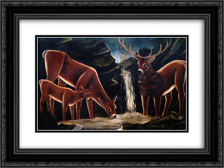 Deer with their fawns 24x18 Black Ornate Wood Framed Art Print Poster with Double Matting by Pirosmani, Niko
