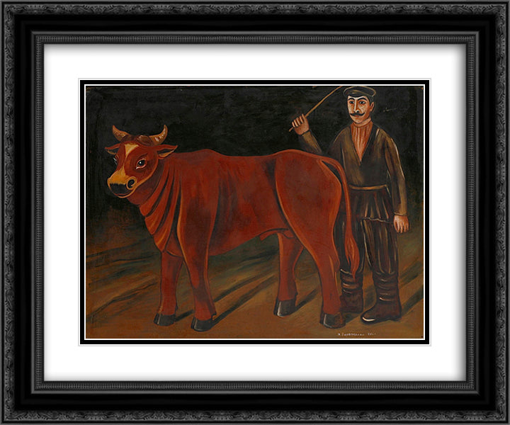 Farmer with a Bull 24x20 Black Ornate Wood Framed Art Print Poster with Double Matting by Pirosmani, Niko