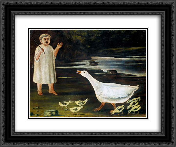 Girl grazing a goose with goslings 24x20 Black Ornate Wood Framed Art Print Poster with Double Matting by Pirosmani, Niko
