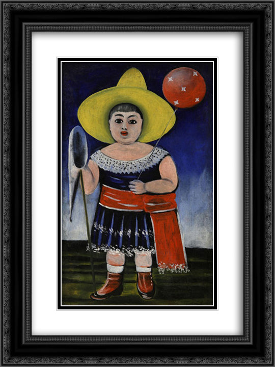 Girl with a Baloon 18x24 Black Ornate Wood Framed Art Print Poster with Double Matting by Pirosmani, Niko