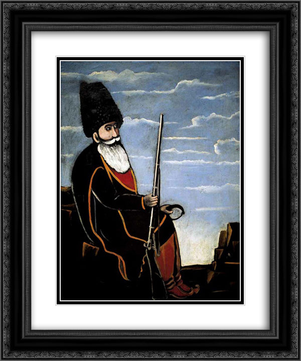 Hunter with a gun and trap 20x24 Black Ornate Wood Framed Art Print Poster with Double Matting by Pirosmani, Niko
