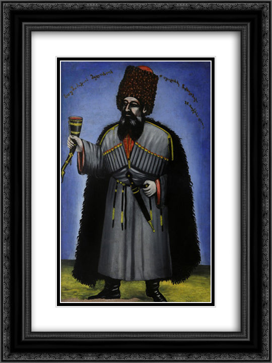 Man with a horn for drinking wine (Portrait of Meliton Chkheidze) 18x24 Black Ornate Wood Framed Art Print Poster with Double Matting by Pirosmani, Niko