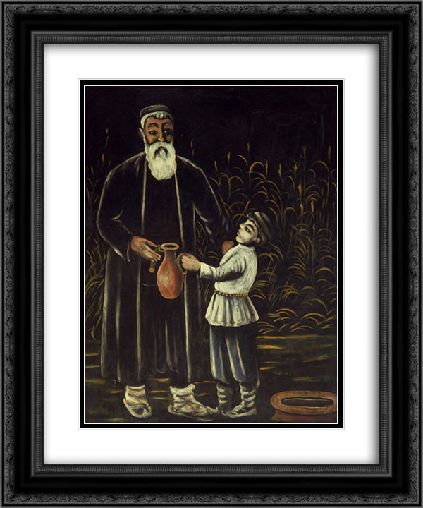 Peasant and his son 20x24 Black Ornate Wood Framed Art Print Poster with Double Matting by Pirosmani, Niko