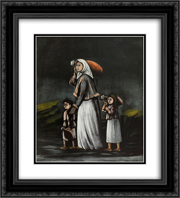 Peasant Woman with Children Goes for Water 20x22 Black Ornate Wood Framed Art Print Poster with Double Matting by Pirosmani, Niko