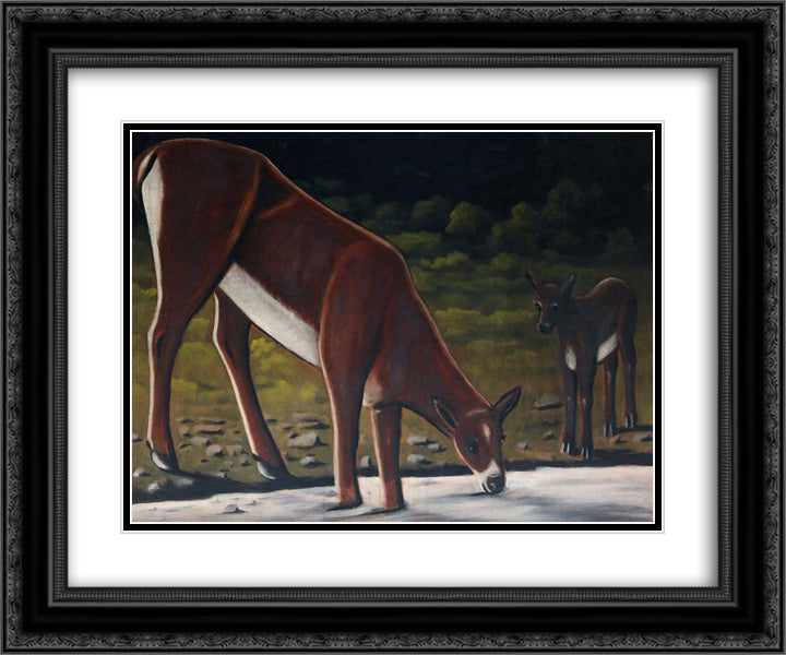 Roe deer with a fawn by the brook 24x20 Black Ornate Wood Framed Art Print Poster with Double Matting by Pirosmani, Niko