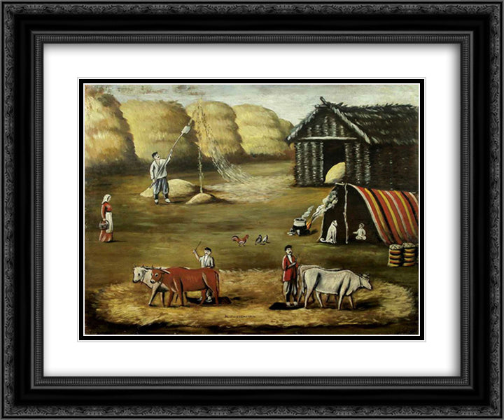 Threshing yard. Evening. 24x20 Black Ornate Wood Framed Art Print Poster with Double Matting by Pirosmani, Niko