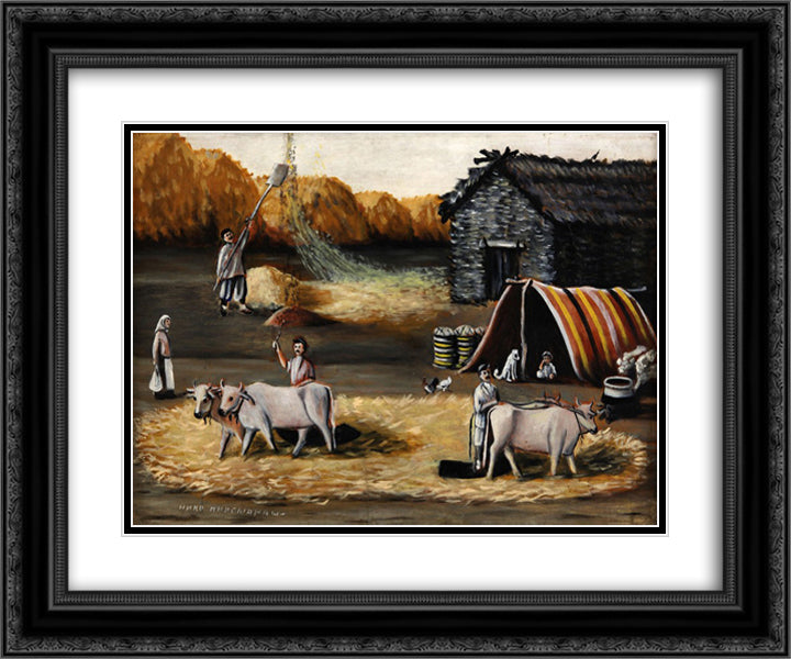 Threshing Yard 24x20 Black Ornate Wood Framed Art Print Poster with Double Matting by Pirosmani, Niko