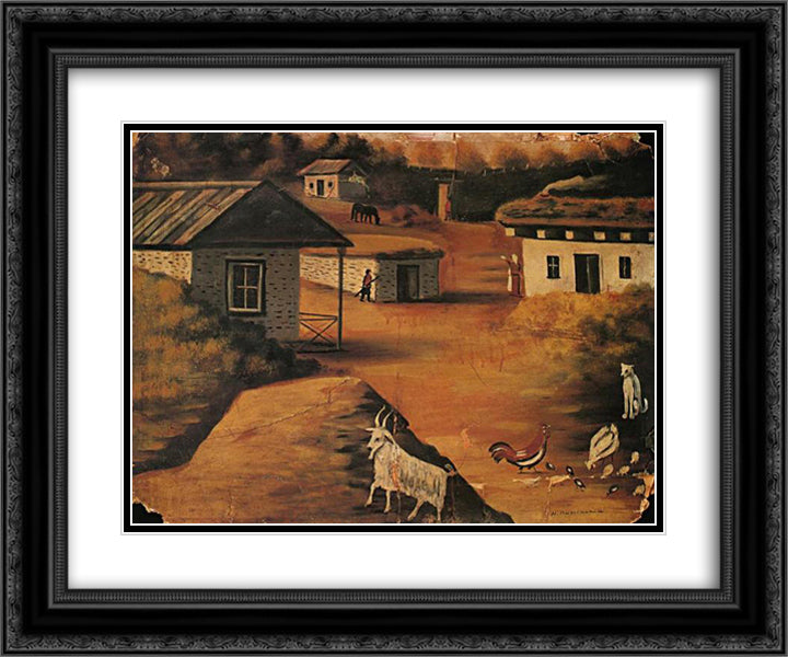 Village 24x20 Black Ornate Wood Framed Art Print Poster with Double Matting by Pirosmani, Niko