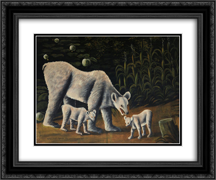 White bear with her cubs (in cornfield) 24x20 Black Ornate Wood Framed Art Print Poster with Double Matting by Pirosmani, Niko