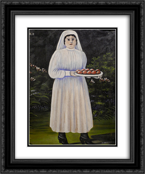 Woman with Easter Eggs 20x24 Black Ornate Wood Framed Art Print Poster with Double Matting by Pirosmani, Niko