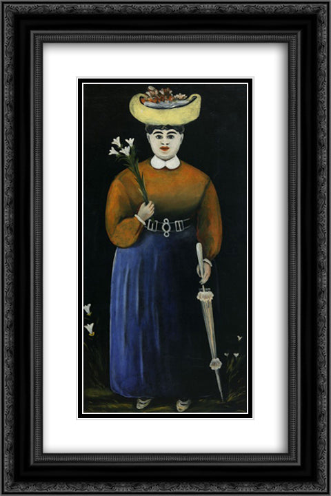 Woman with Flowers and Parasol 16x24 Black Ornate Wood Framed Art Print Poster with Double Matting by Pirosmani, Niko