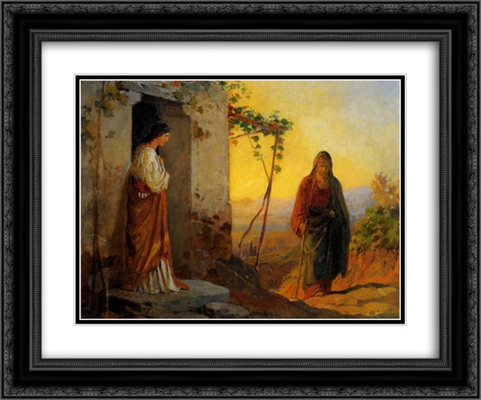 Maria, sister of Lazarus, meets Jesus who is going to their house 24x20 Black Ornate Wood Framed Art Print Poster with Double Matting by Ge, Nikolai