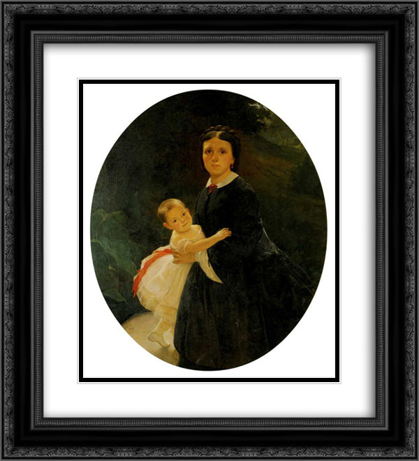 Portrait of Shestova with daughter 20x22 Black Ornate Wood Framed Art Print Poster with Double Matting by Ge, Nikolai