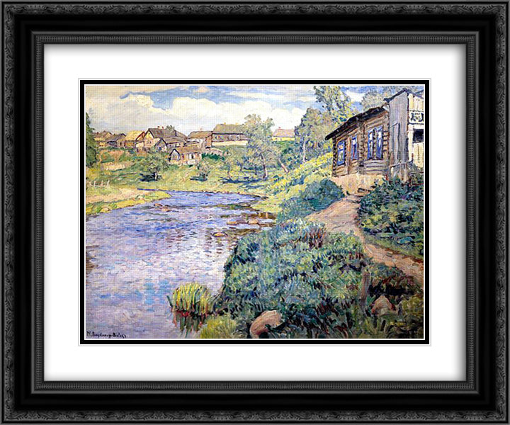 A Provincial Town on a River 24x20 Black Ornate Wood Framed Art Print Poster with Double Matting by Bogdanov Belsky, Nikolay