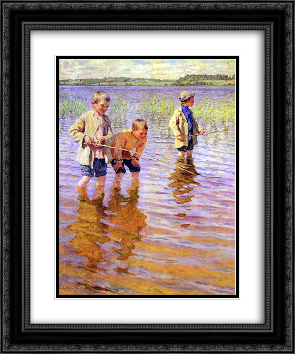 An Afternoon Fishing 20x24 Black Ornate Wood Framed Art Print Poster with Double Matting by Bogdanov Belsky, Nikolay