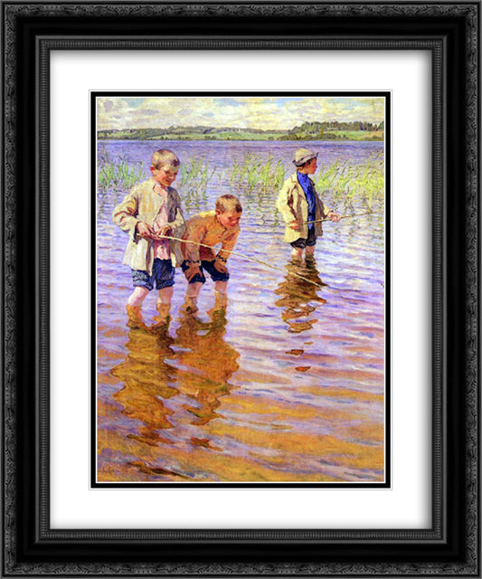 An Afternoon Fishing 20x24 Black Ornate Wood Framed Art Print Poster with Double Matting by Bogdanov Belsky, Nikolay