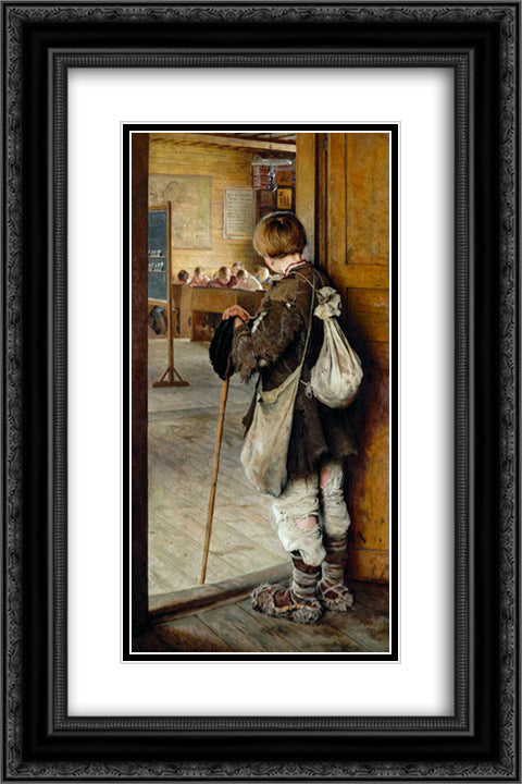 At School Doors 16x24 Black Ornate Wood Framed Art Print Poster with Double Matting by Bogdanov Belsky, Nikolay
