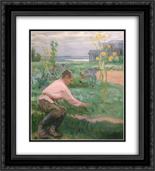 Boy on a Grass 20x22 Black Ornate Wood Framed Art Print Poster with Double Matting by Bogdanov Belsky, Nikolay