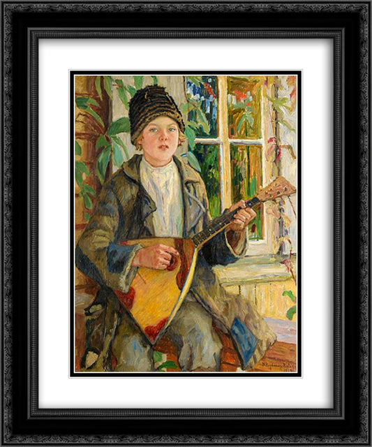 Boy with Balalaika 20x24 Black Ornate Wood Framed Art Print Poster with Double Matting by Bogdanov Belsky, Nikolay