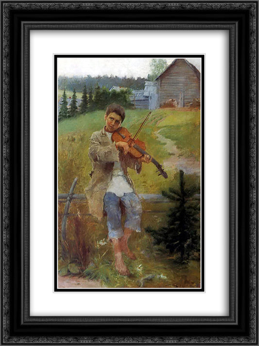Boy with Violin 18x24 Black Ornate Wood Framed Art Print Poster with Double Matting by Bogdanov Belsky, Nikolay