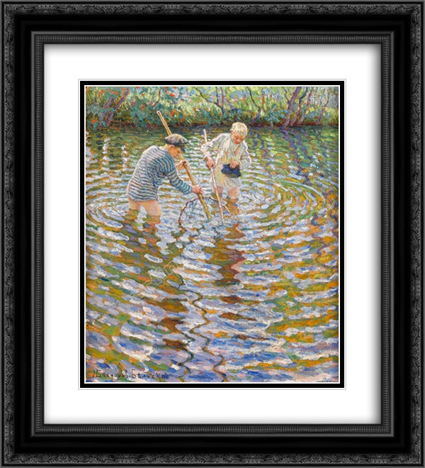 Boys Catching Fish 20x22 Black Ornate Wood Framed Art Print Poster with Double Matting by Bogdanov Belsky, Nikolay