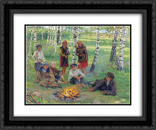 By the Campfire 24x20 Black Ornate Wood Framed Art Print Poster with Double Matting by Bogdanov Belsky, Nikolay
