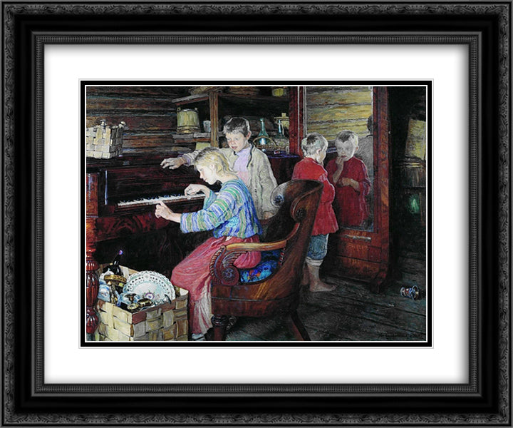 Children at the Piano 24x20 Black Ornate Wood Framed Art Print Poster with Double Matting by Bogdanov Belsky, Nikolay