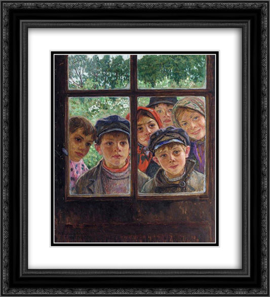 Children at the Window 20x22 Black Ornate Wood Framed Art Print Poster with Double Matting by Bogdanov Belsky, Nikolay