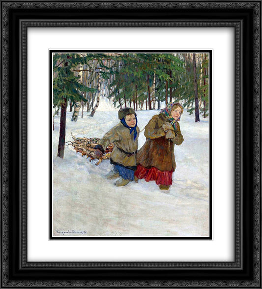 Children carrying the Wood in the Snow, Winter 20x22 Black Ornate Wood Framed Art Print Poster with Double Matting by Bogdanov Belsky, Nikolay