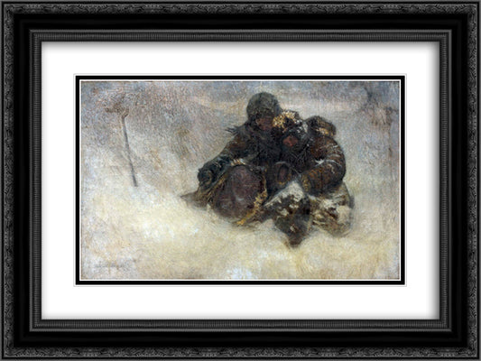 Children in Winter 24x18 Black Ornate Wood Framed Art Print Poster with Double Matting by Bogdanov Belsky, Nikolay