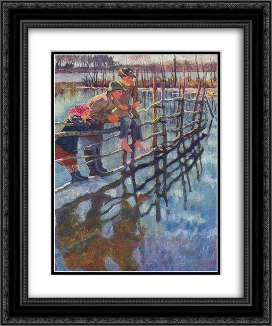 Children on a Fence 20x24 Black Ornate Wood Framed Art Print Poster with Double Matting by Bogdanov Belsky, Nikolay