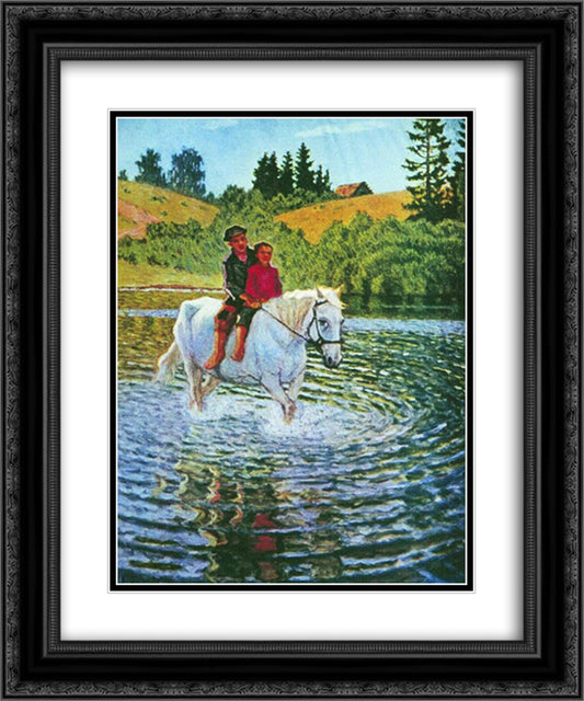 Children on a Horse 20x24 Black Ornate Wood Framed Art Print Poster with Double Matting by Bogdanov Belsky, Nikolay