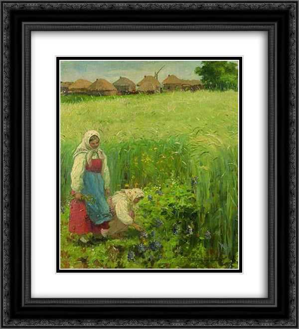Country Girls 20x22 Black Ornate Wood Framed Art Print Poster with Double Matting by Bogdanov Belsky, Nikolay