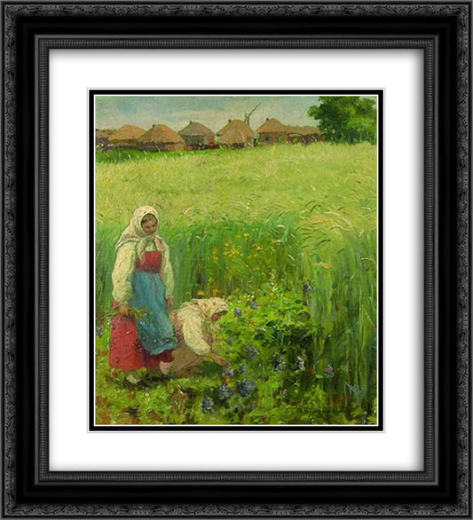 Country Girls 20x22 Black Ornate Wood Framed Art Print Poster with Double Matting by Bogdanov Belsky, Nikolay